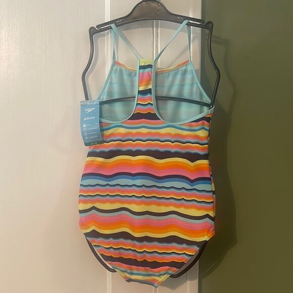 #17 Speedo youth bathing suit blue, orange, pink Medium 10 1 piece NWT Stripes - Picture 2 of 6